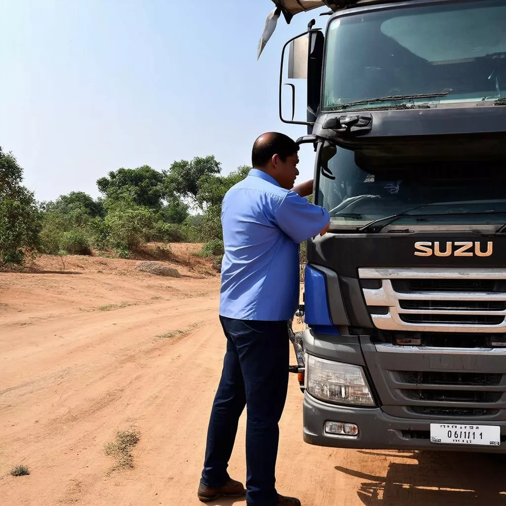 Tài xế đang kiểm tra xe tải Isuzu