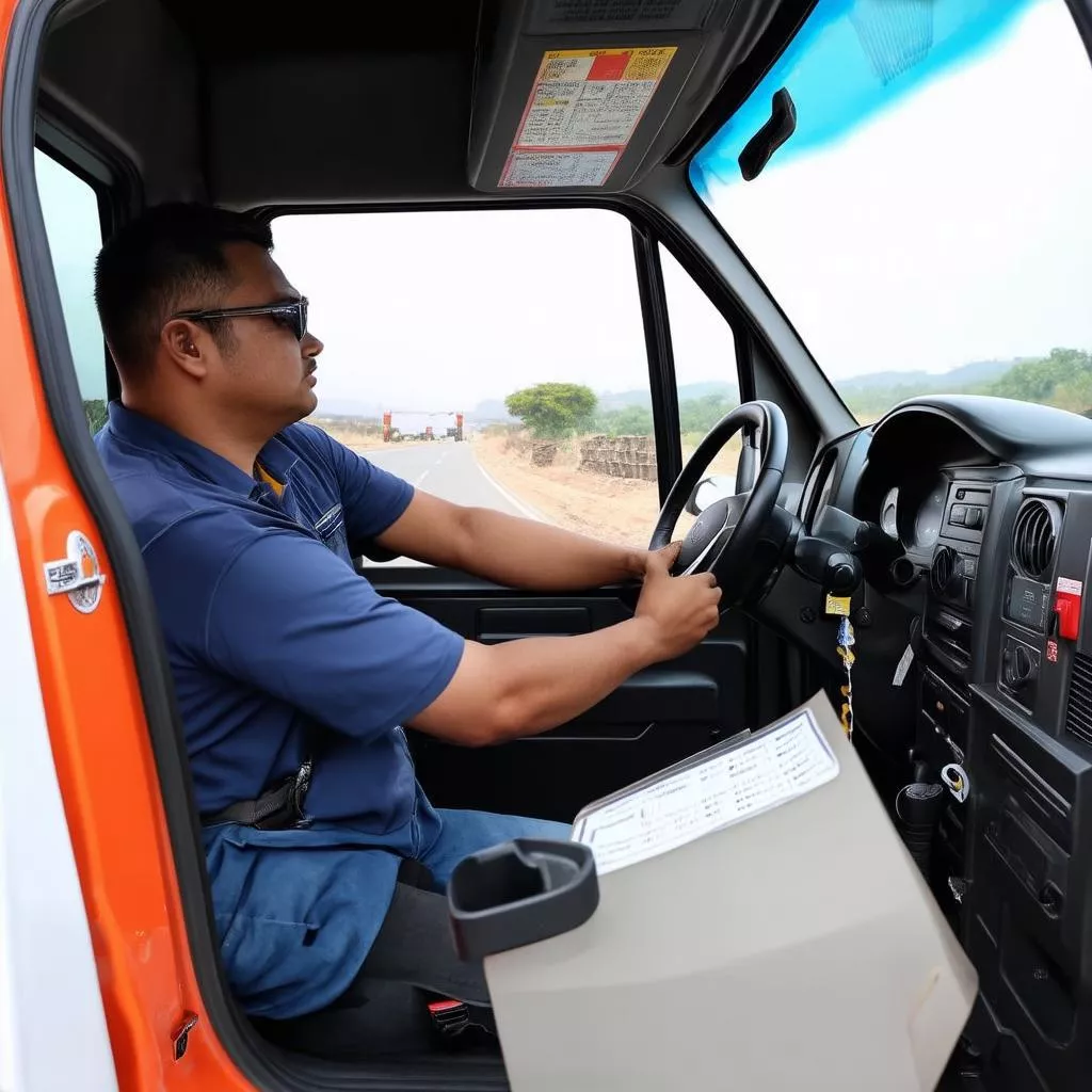 Tài xế đang kiểm tra xe tải Thaco