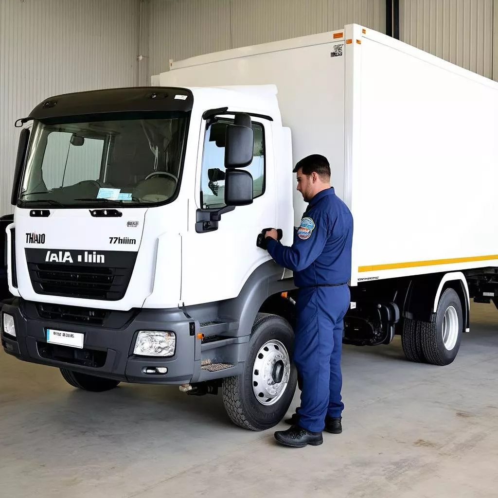 Tài xế đang kiểm tra xe tải Thaco Ollin 7 tấn