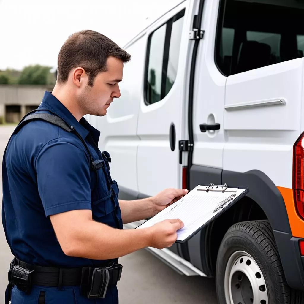 Driver inspecting a cargo van