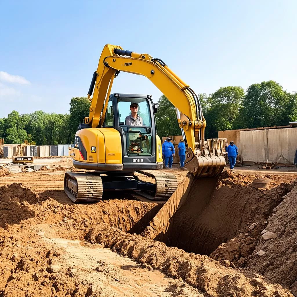 Tài xế đang vận hành máy xúc ô tô cần cẩu