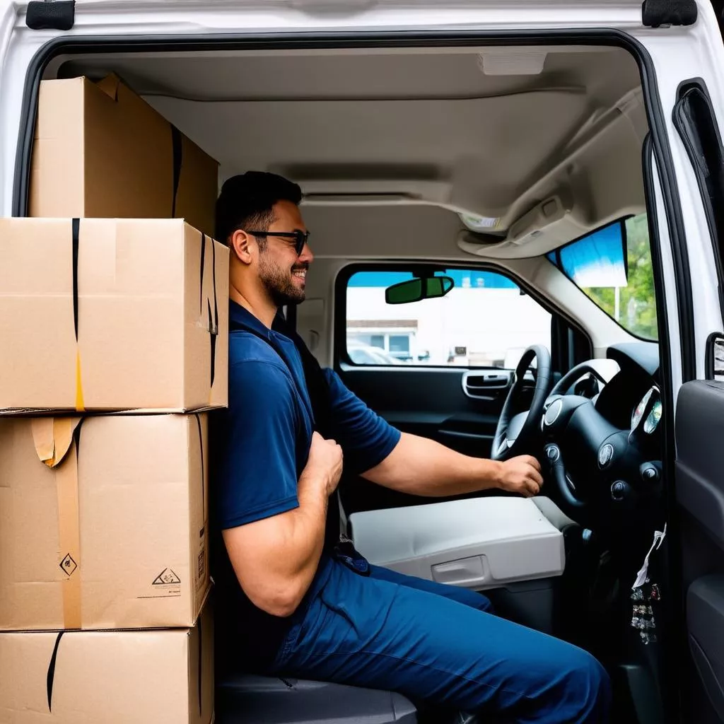 Tài xế di van đang vận chuyển hàng hóa