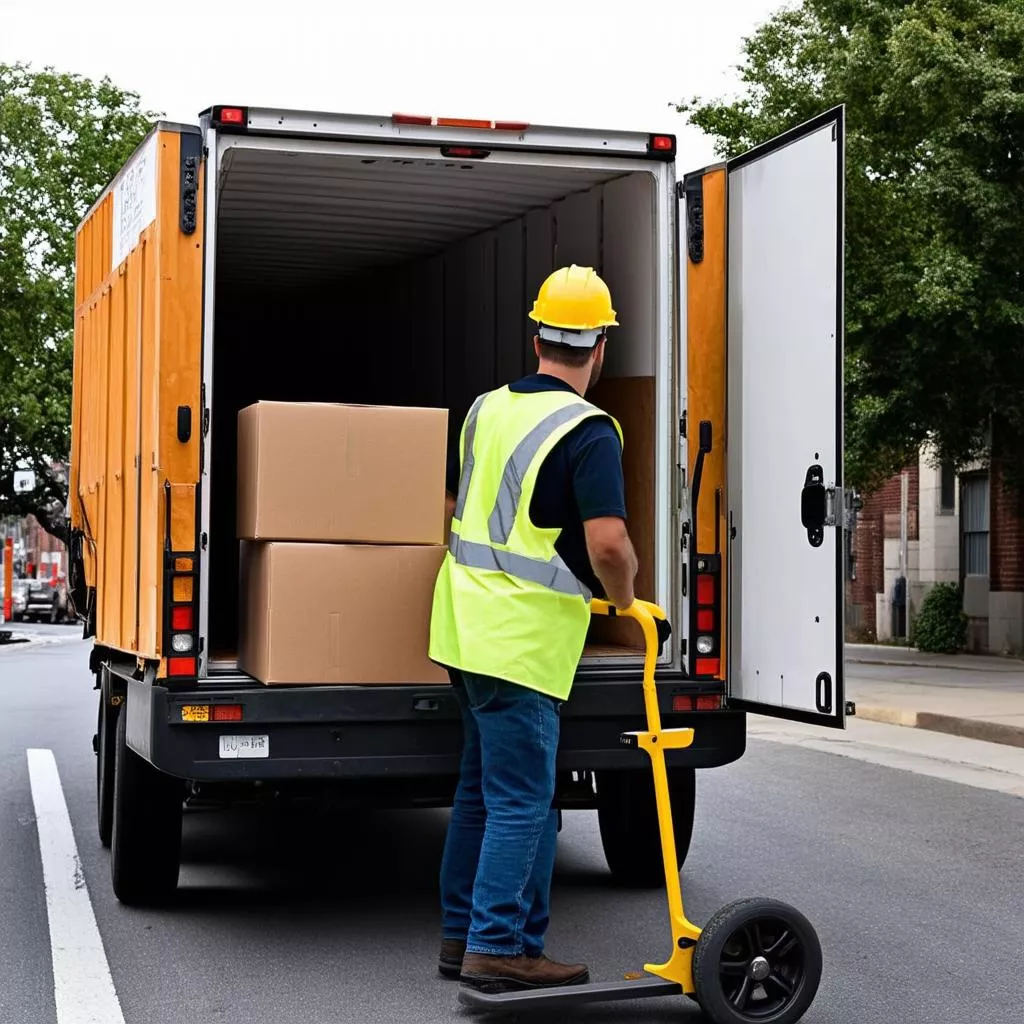 Tài xế xe tải đang bốc dỡ hàng