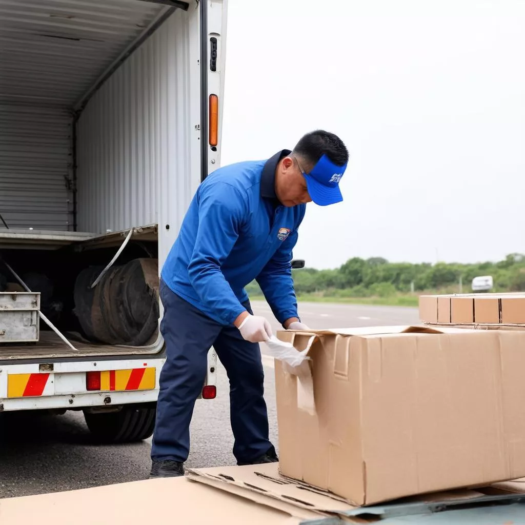 Tài xế kiểm tra hàng hóa