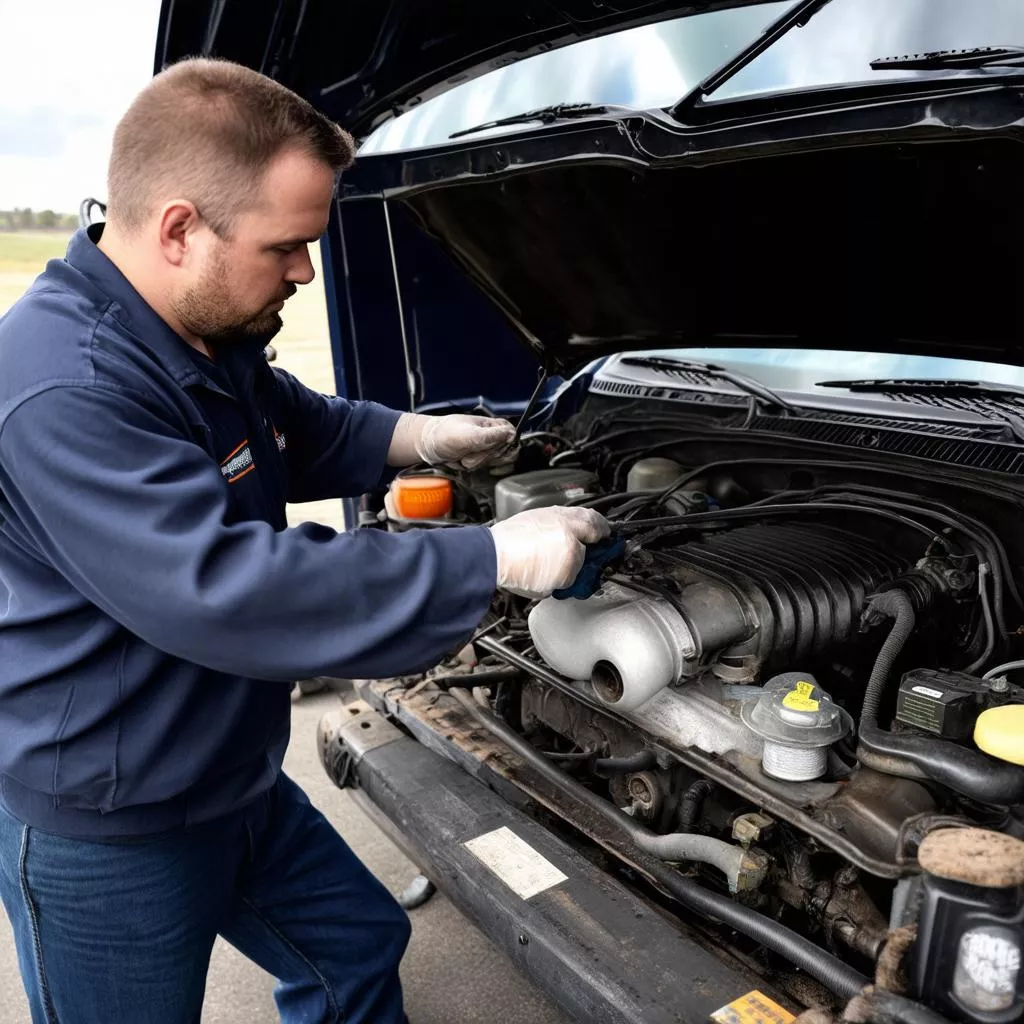 Truck driver inspecting a truck