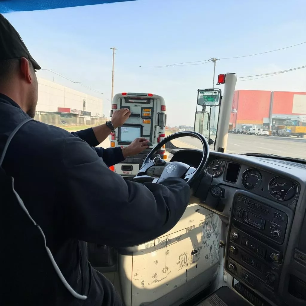 Truck driver inspecting a truck