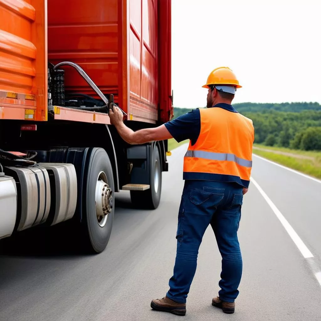 Truck driver inspecting a truck