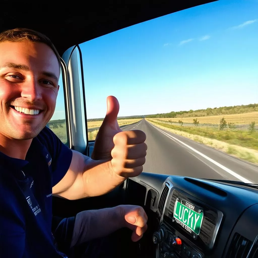 Truck Driver Driving a Truck with a Lucky License Plate