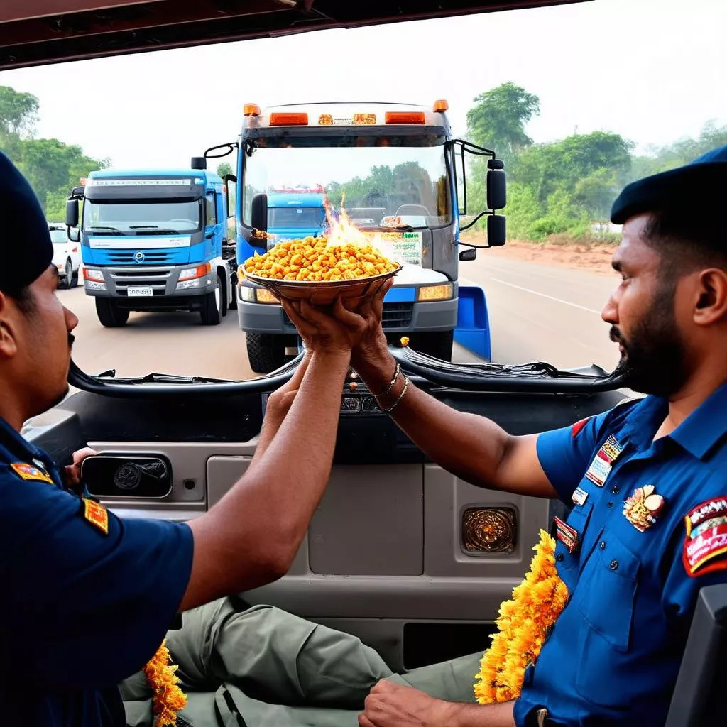 Tài xế xe tải thực hiện nghi lễ cầu may trước khi khởi hành