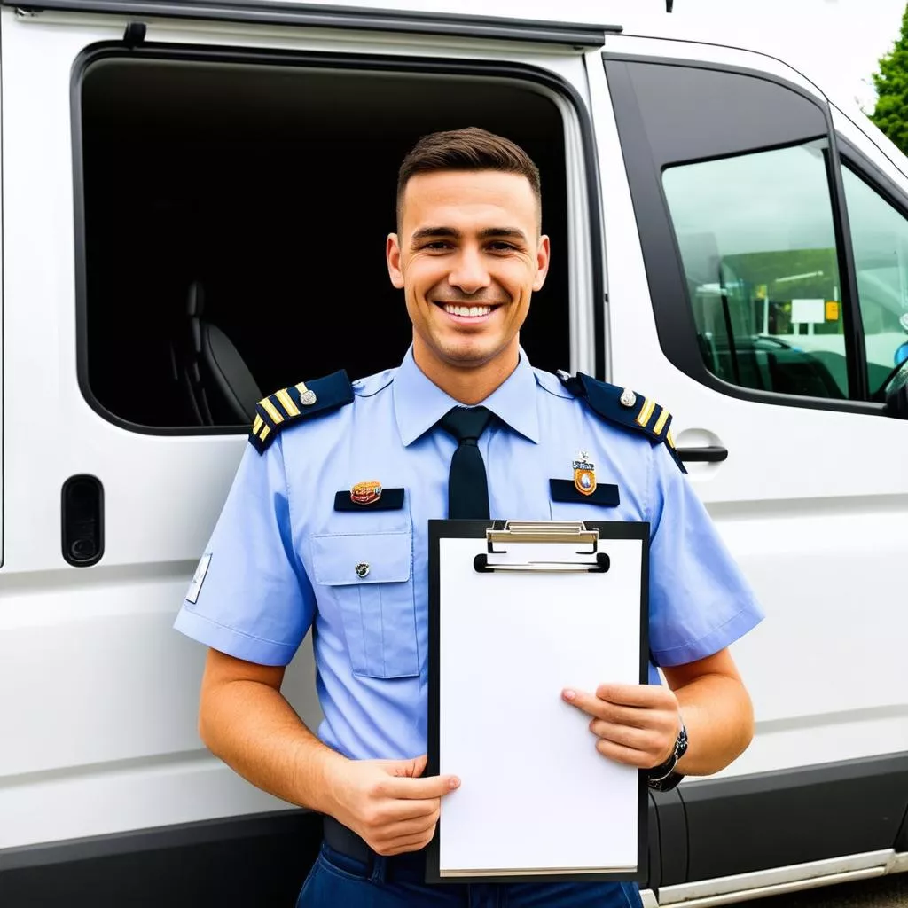 Van driver assisting passengers