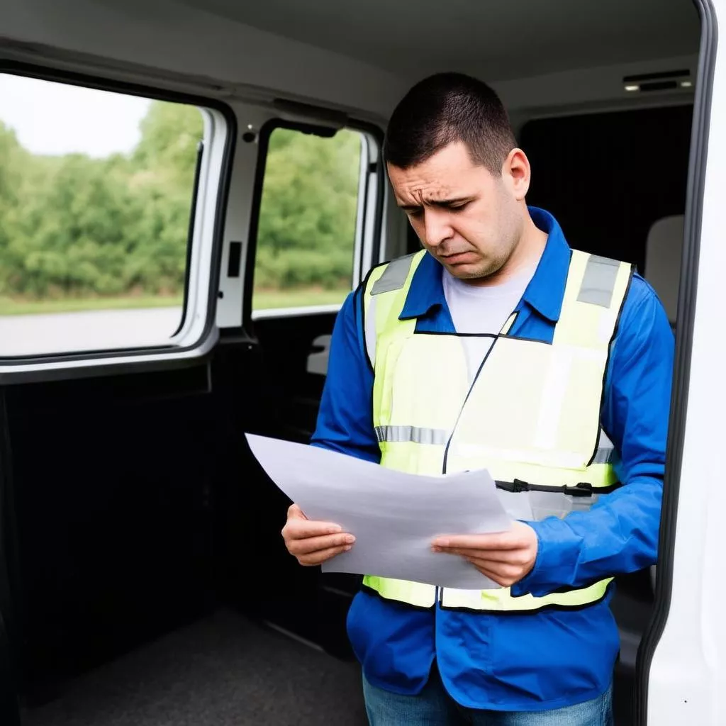 Van driver reviewing documents