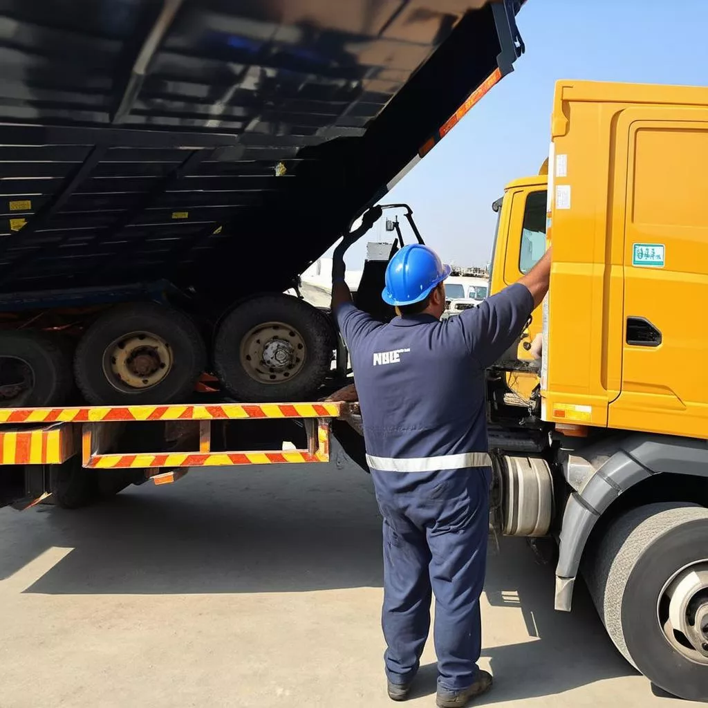 Dump truck driver inspecting cargo