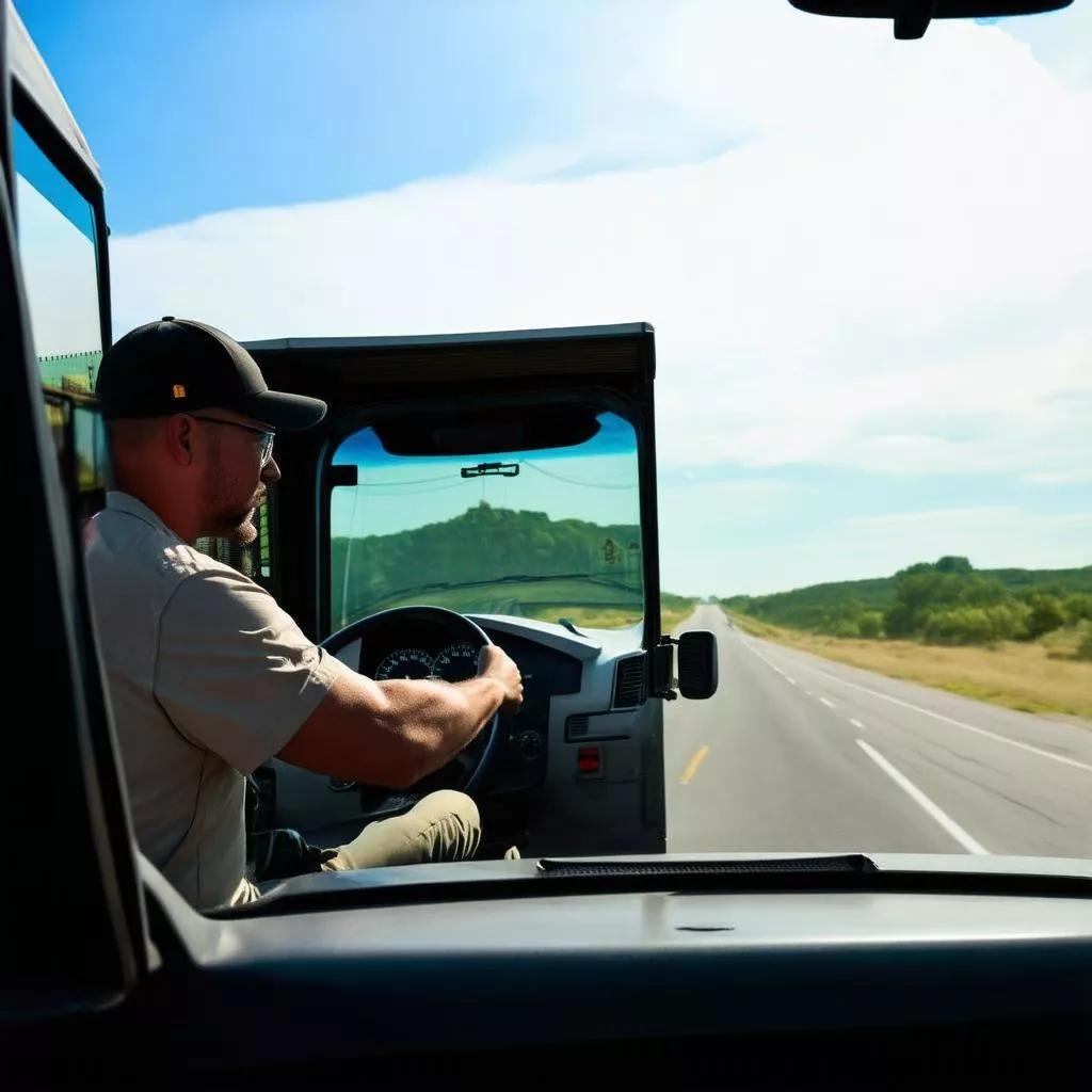 A truck driver behind the wheel