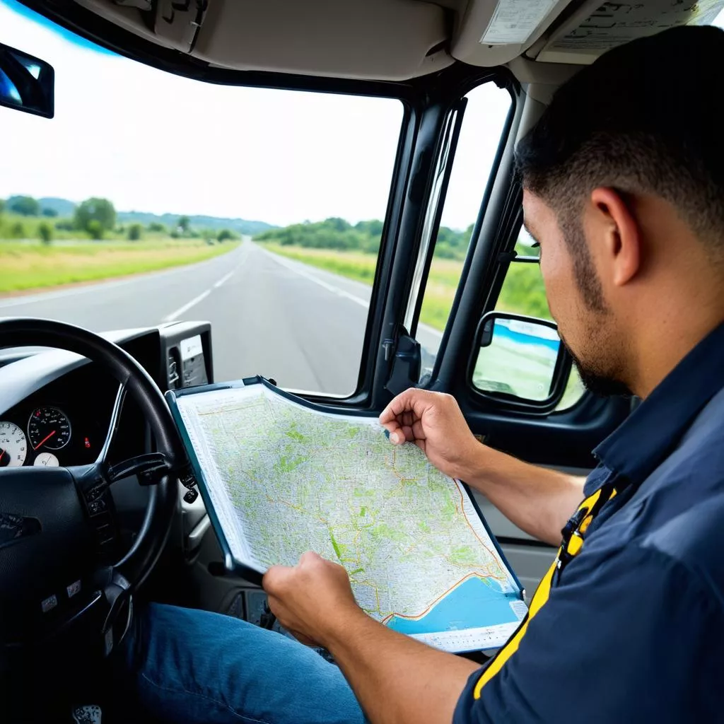 Tài xế xe tải đang kiểm tra bản đồ