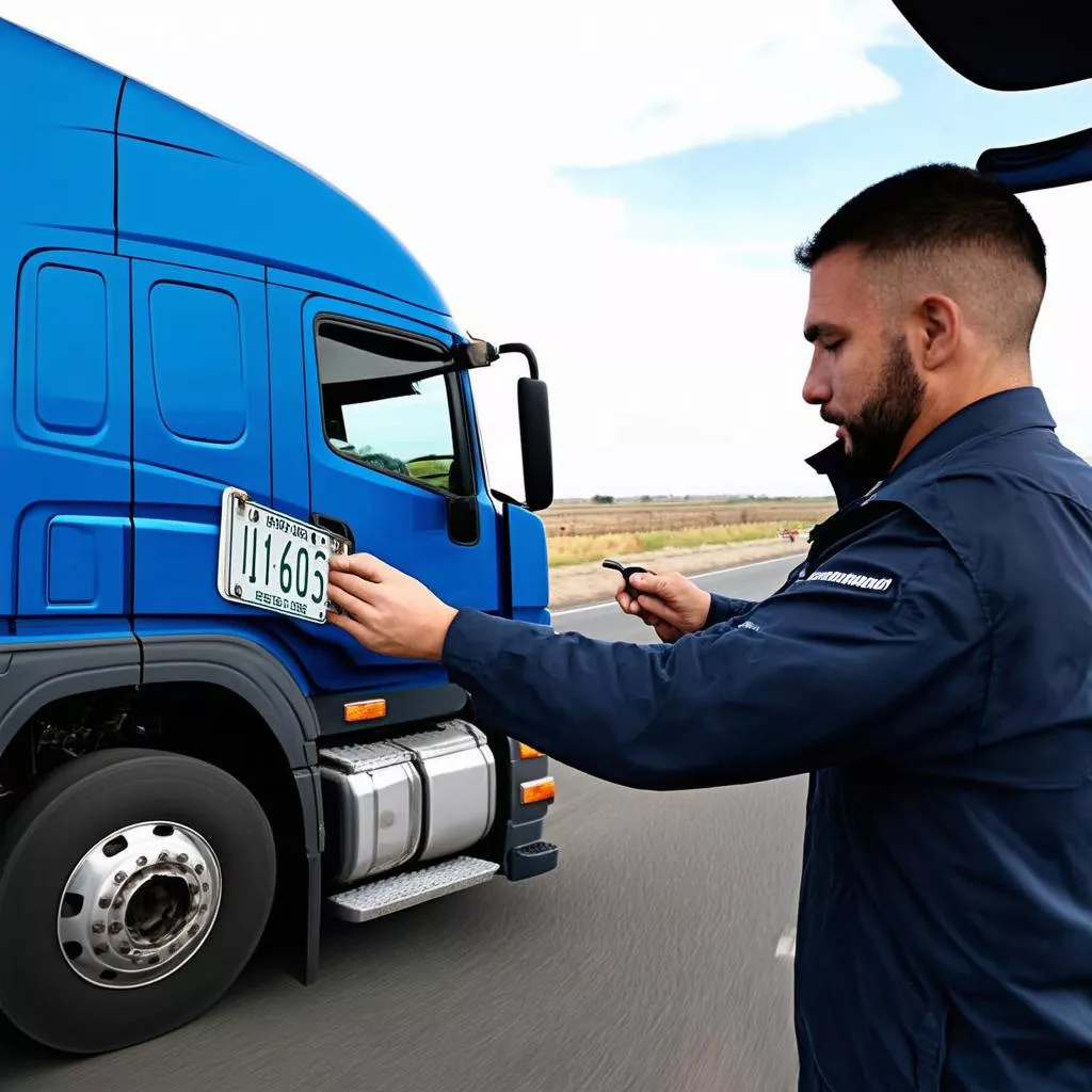Chauffeur de camion vérifiant la plaque d'immatriculation