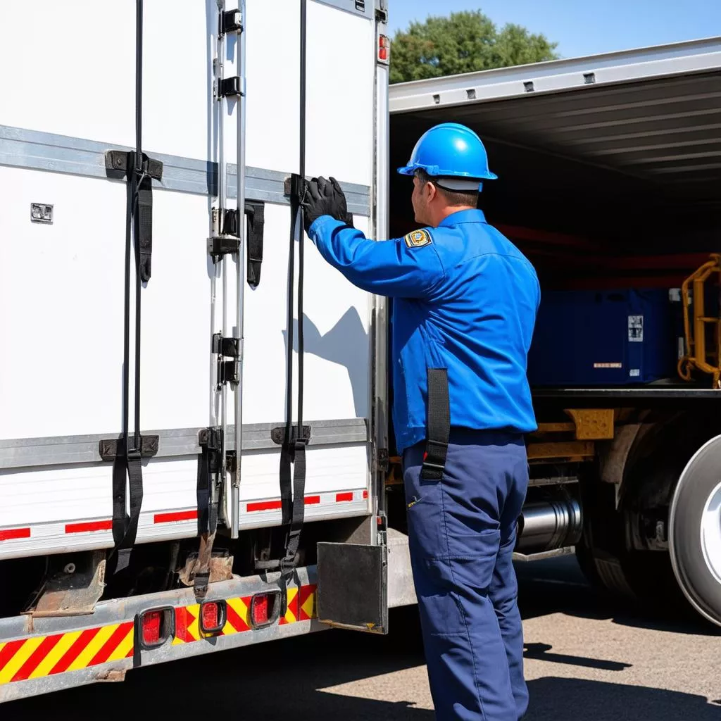 Tài xế xe tải đang kiểm tra hàng hóa