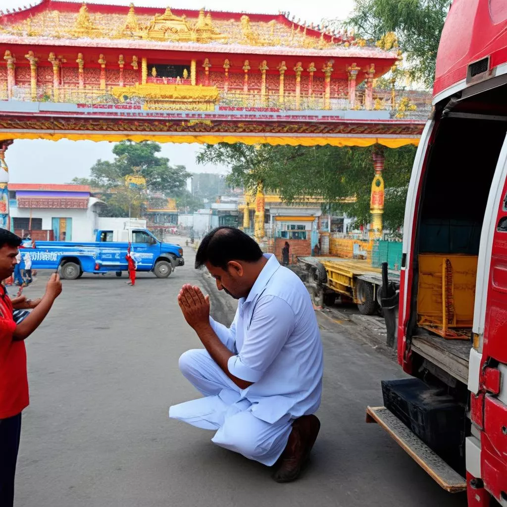 Tài xế xe tải đi lễ chùa