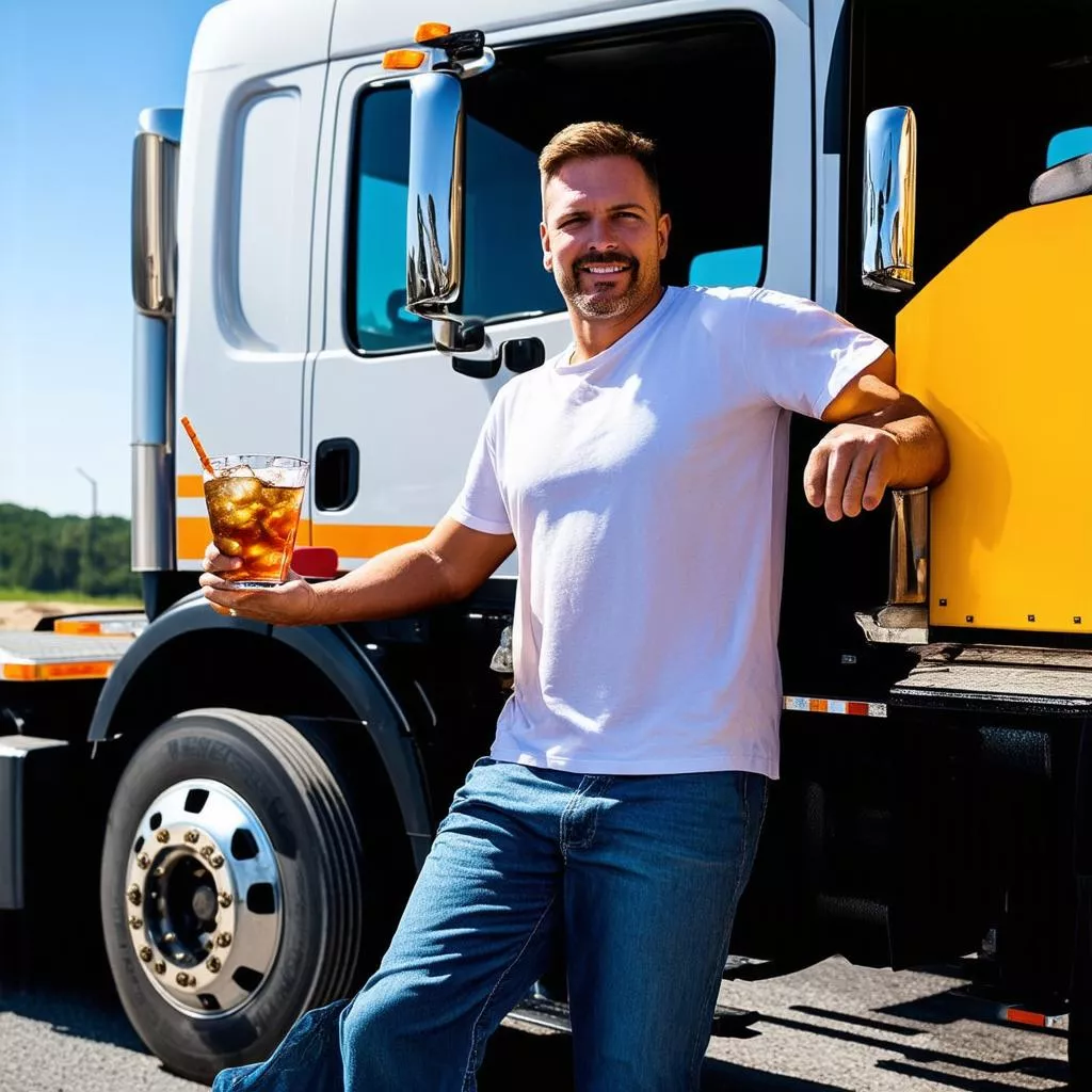 Tài xế xe tải nghỉ ngơi bên ly trà đá