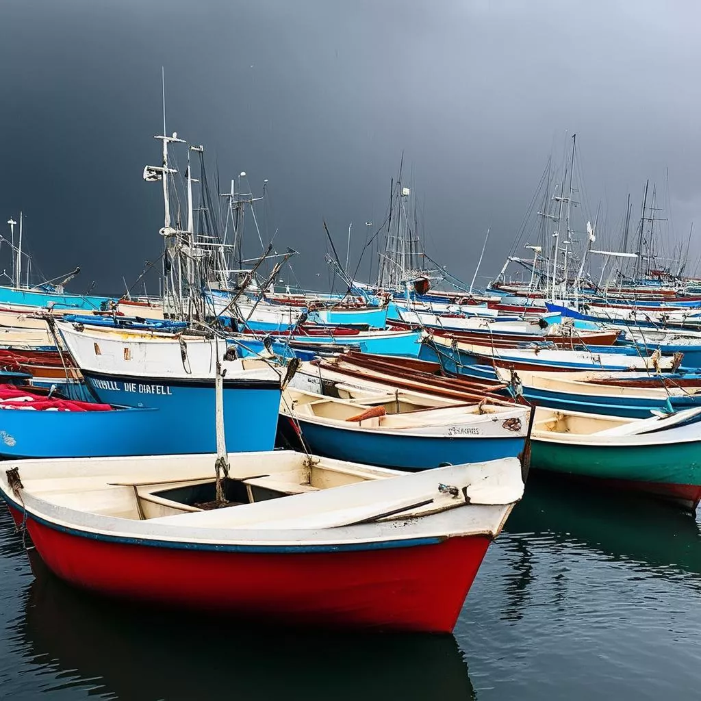Boats anchored to avoid the storm