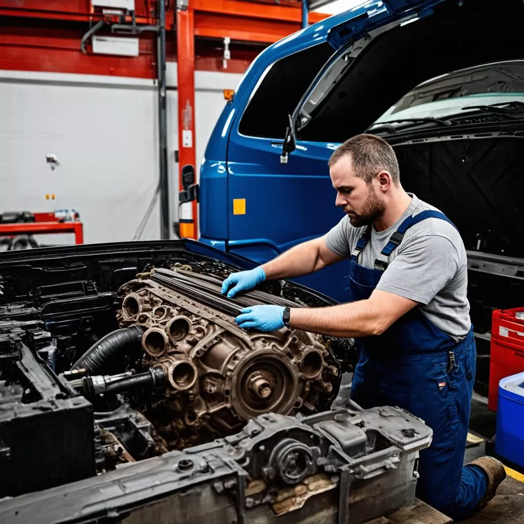 Cambio dell'olio del cambio di un camion
