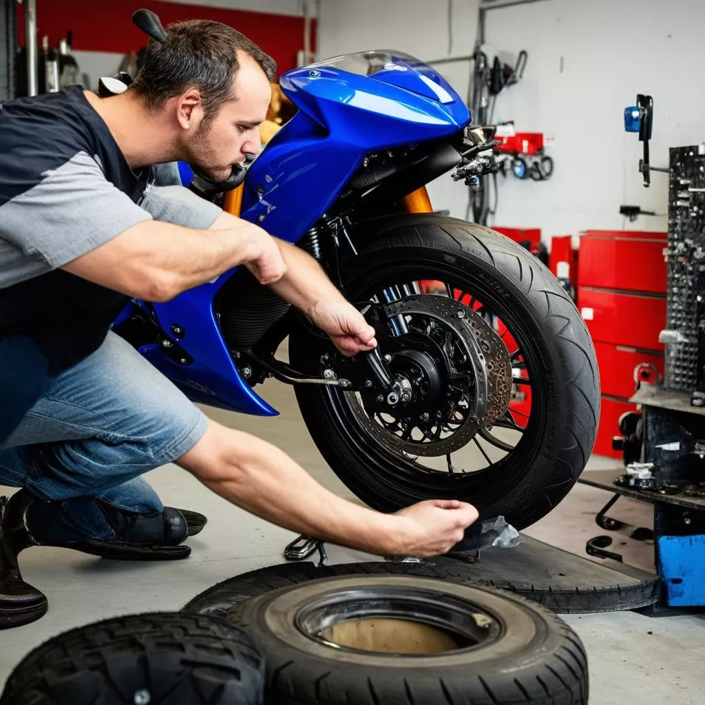 Motorcycle tire replacement at a shop