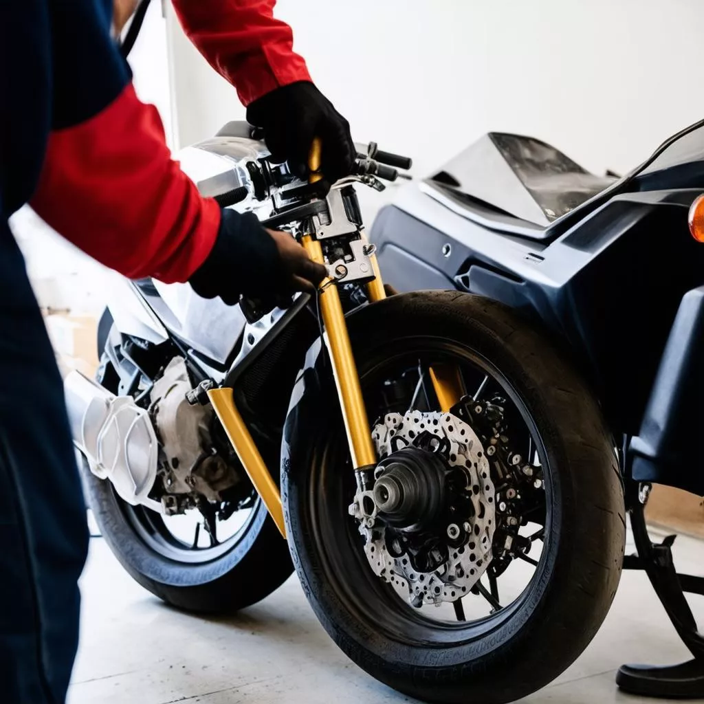 Người thợ đang thay nhớt xe máy