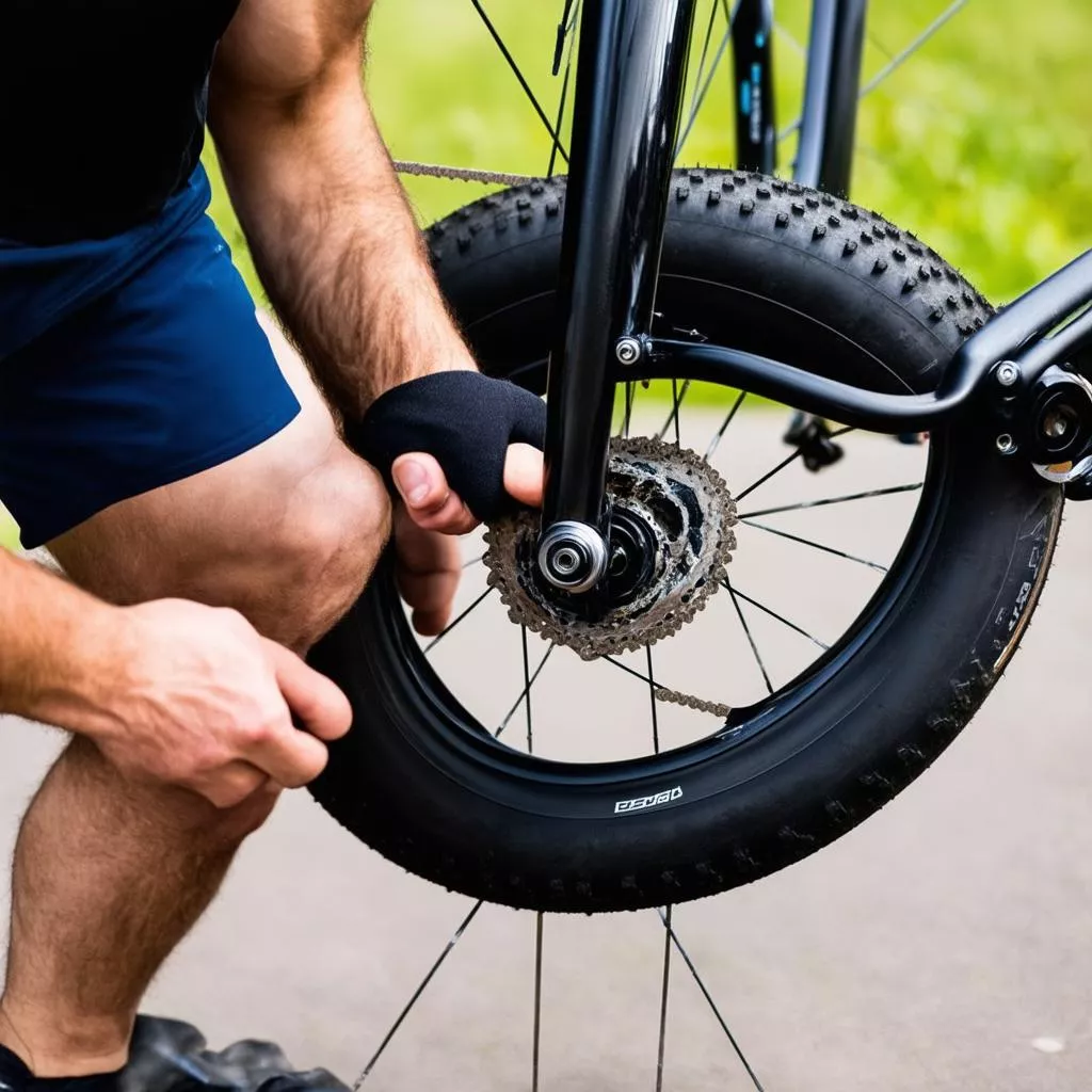 Người đang thay ruột xe đạp