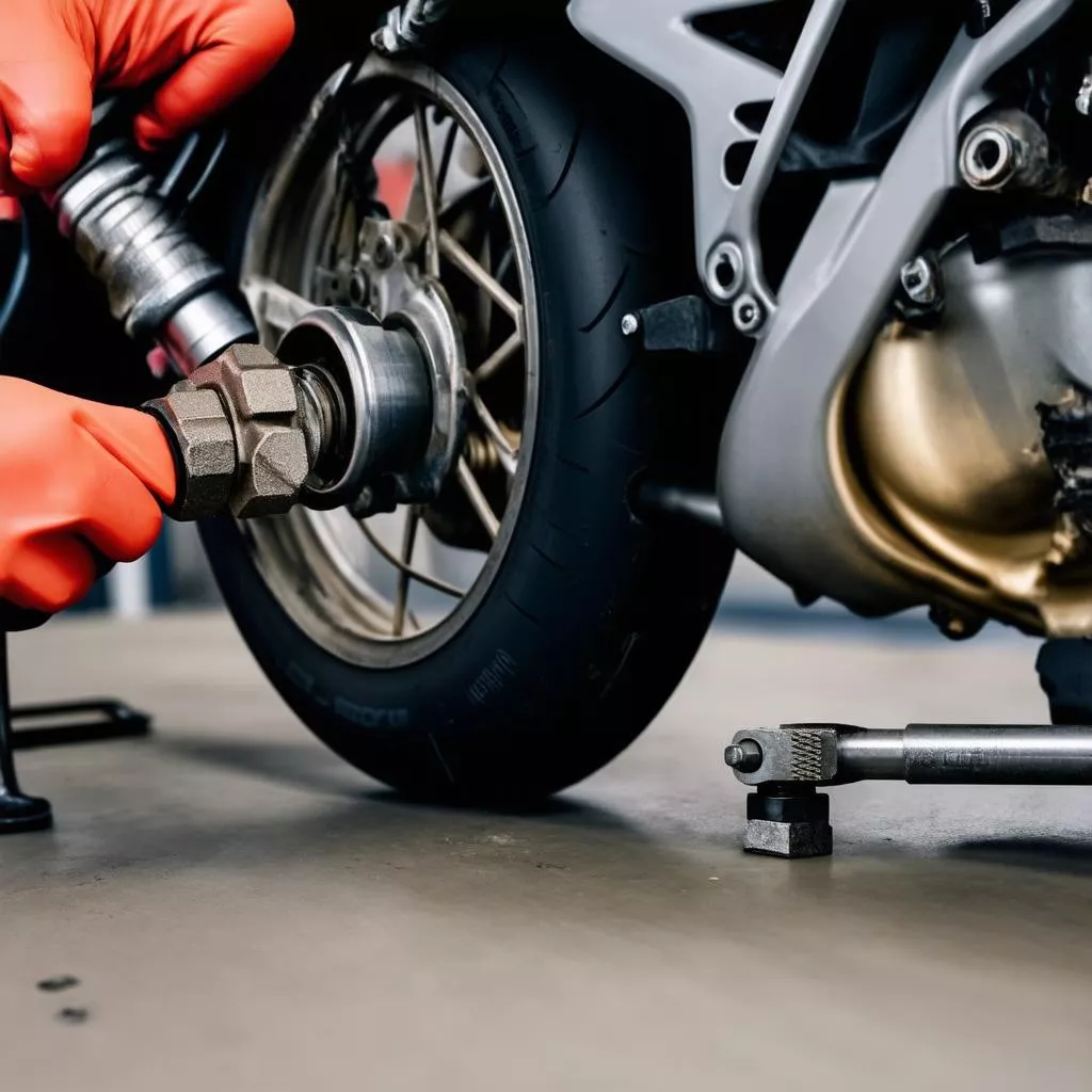 Người thợ đang thay van lốp xe máy