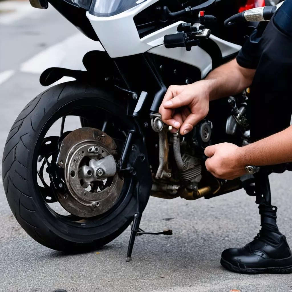 Thợ sửa khóa đang sửa khóa xe máy