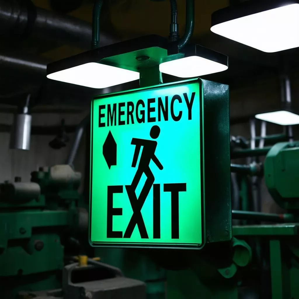 Emergency exit sign in a workshop