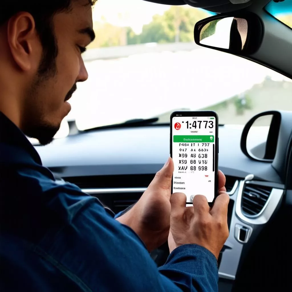 Seorang pria memeriksa informasi mobil menggunakan aplikasi telepon