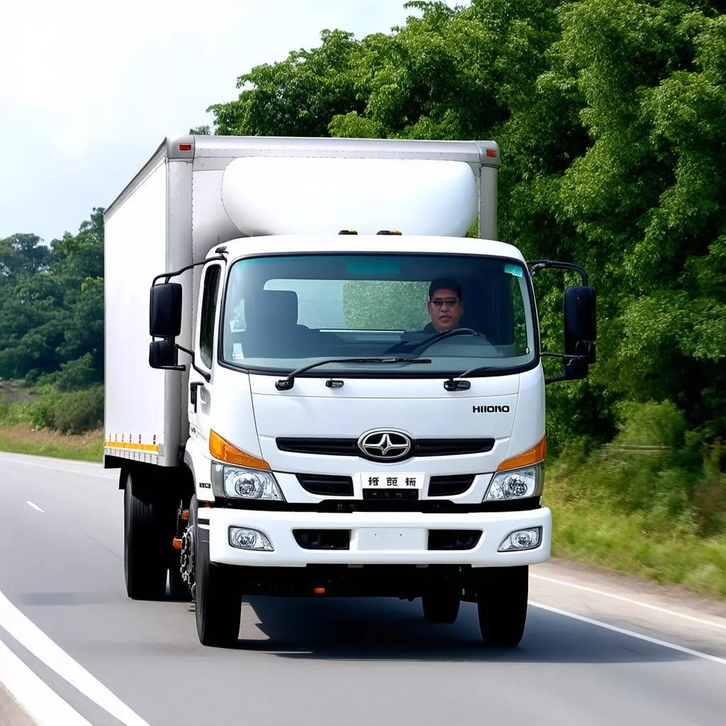 Driver operating a Hino 3-axle truck on the road