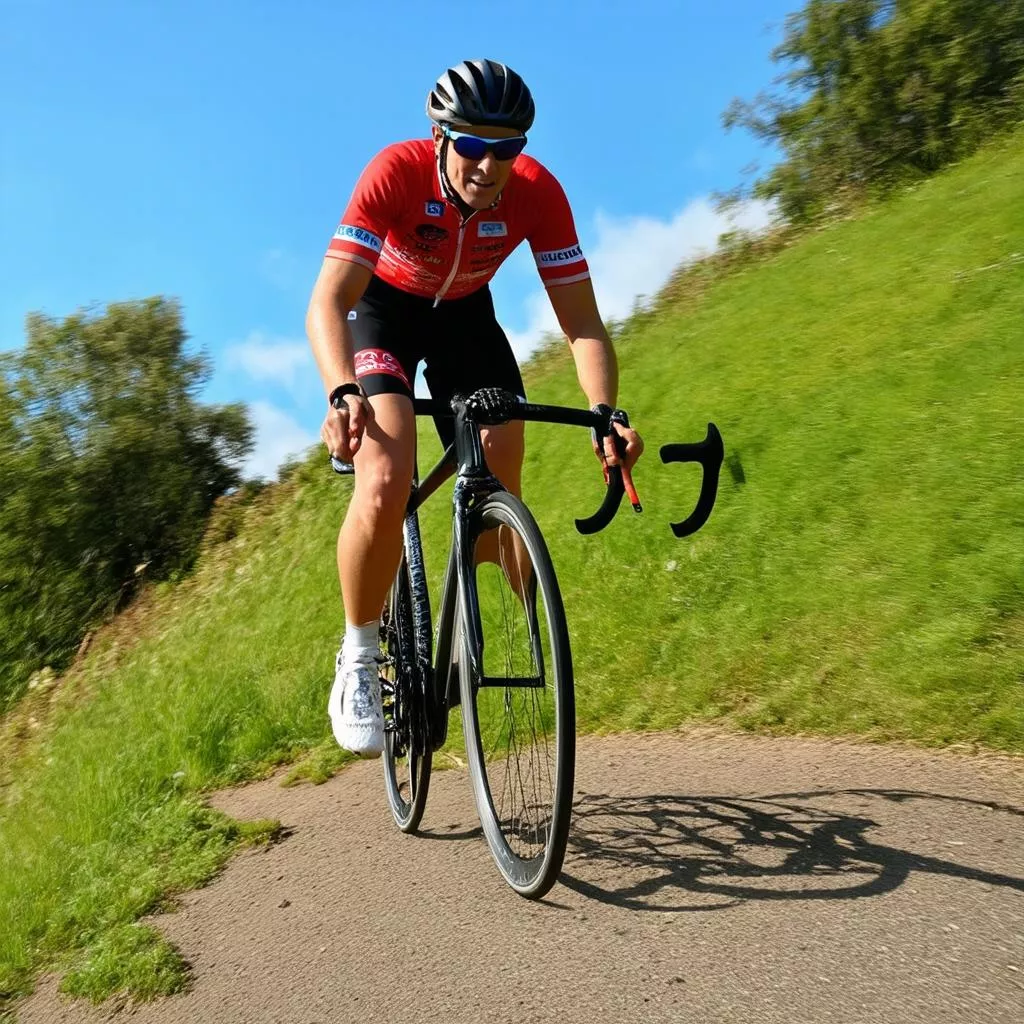 Cyclist climbing a steep hill