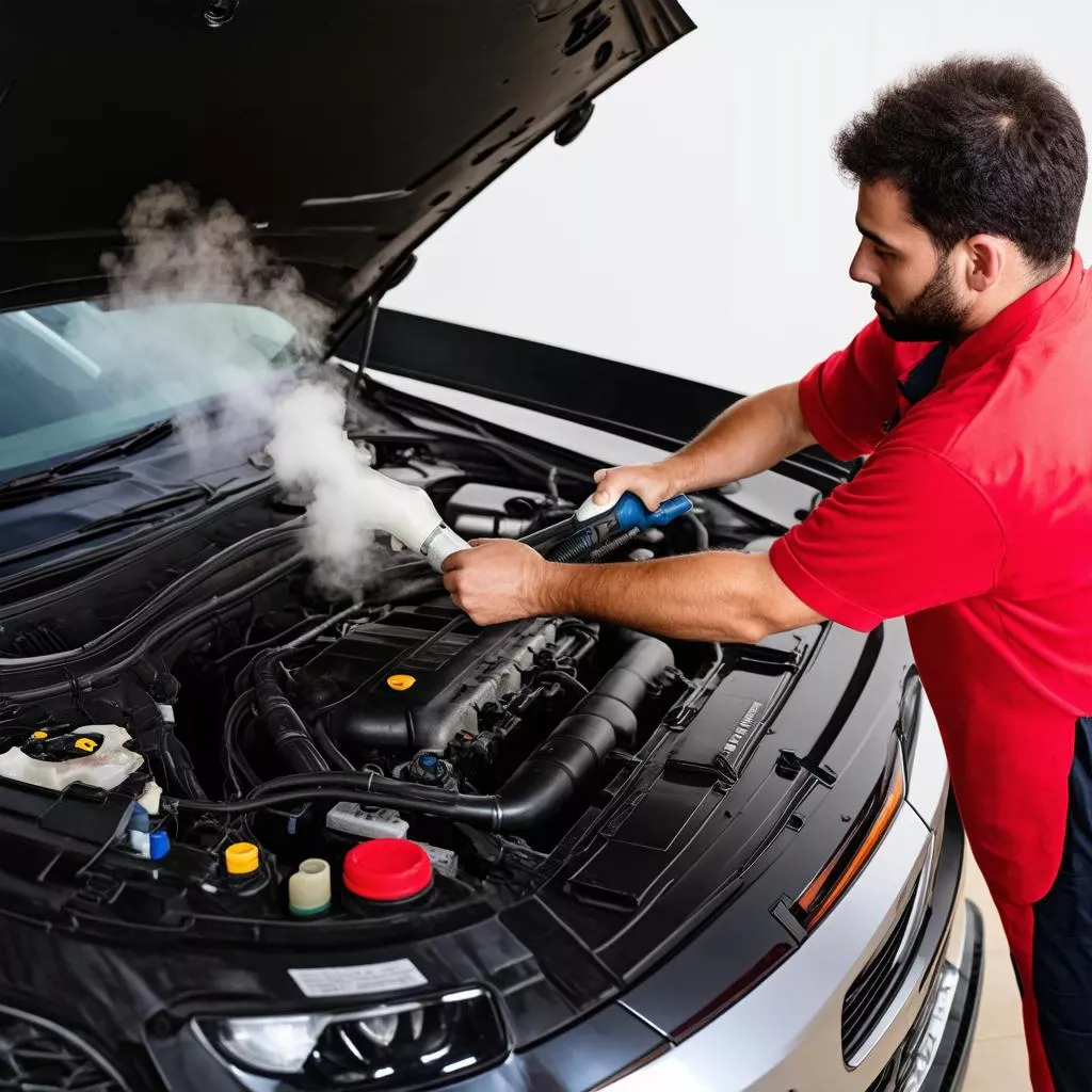 Steam cleaning a car engine