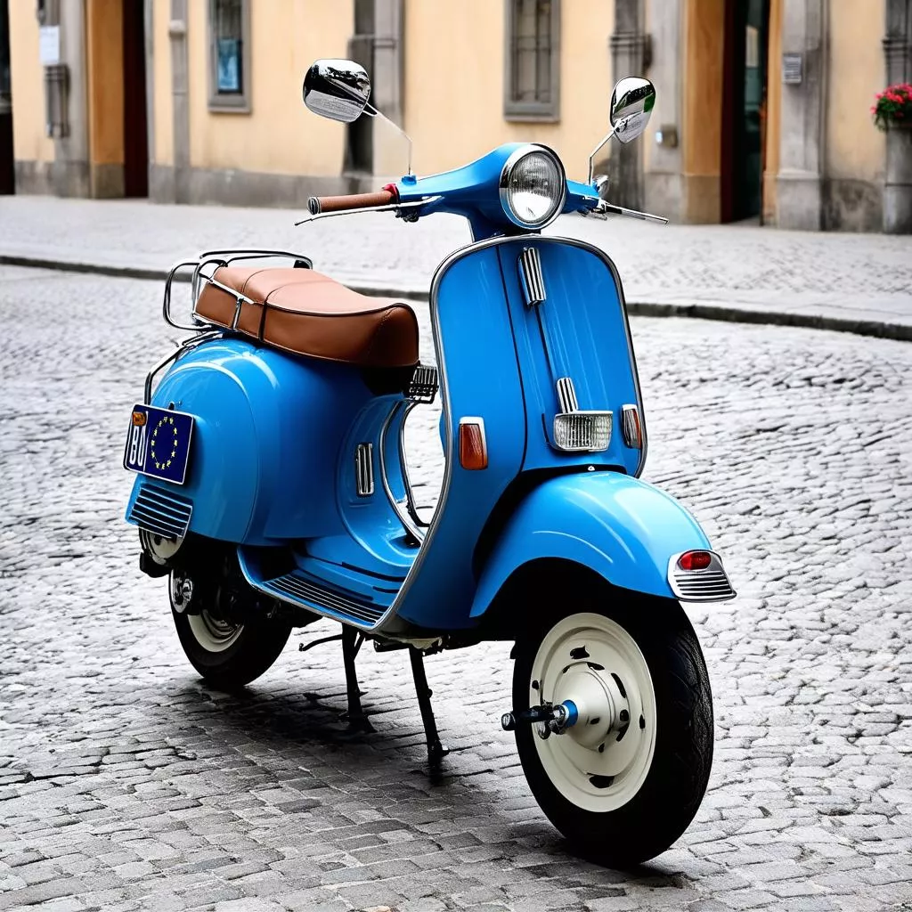 Vespa with EU flag license plate holder on the street