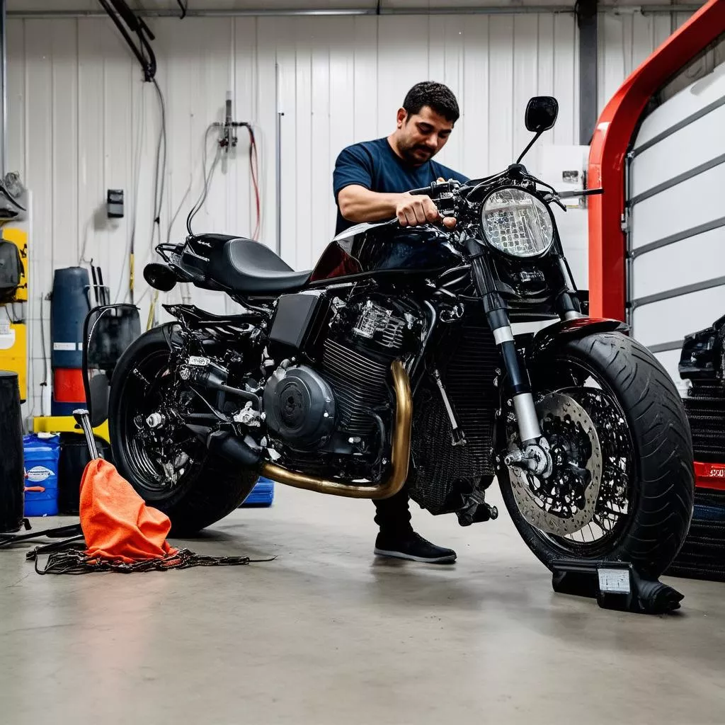 Nhân viên đang lau chùi xe phân khối lớn.