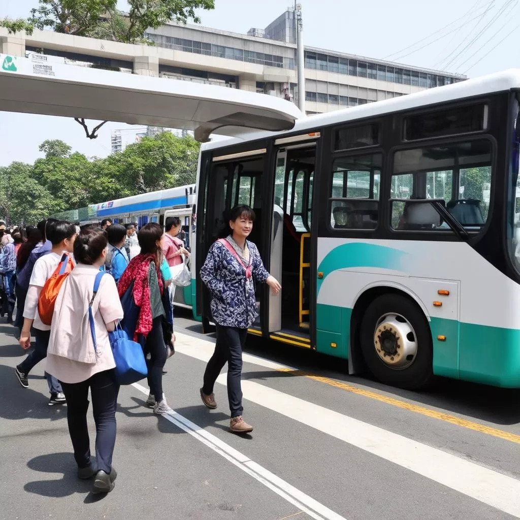 Xe bus cho khách xuống tại Vạn Đôn