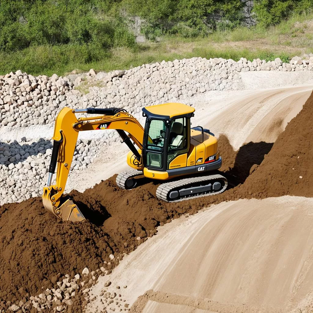 Xe cuốc nhỏ màu vàng đang đổ đất đá