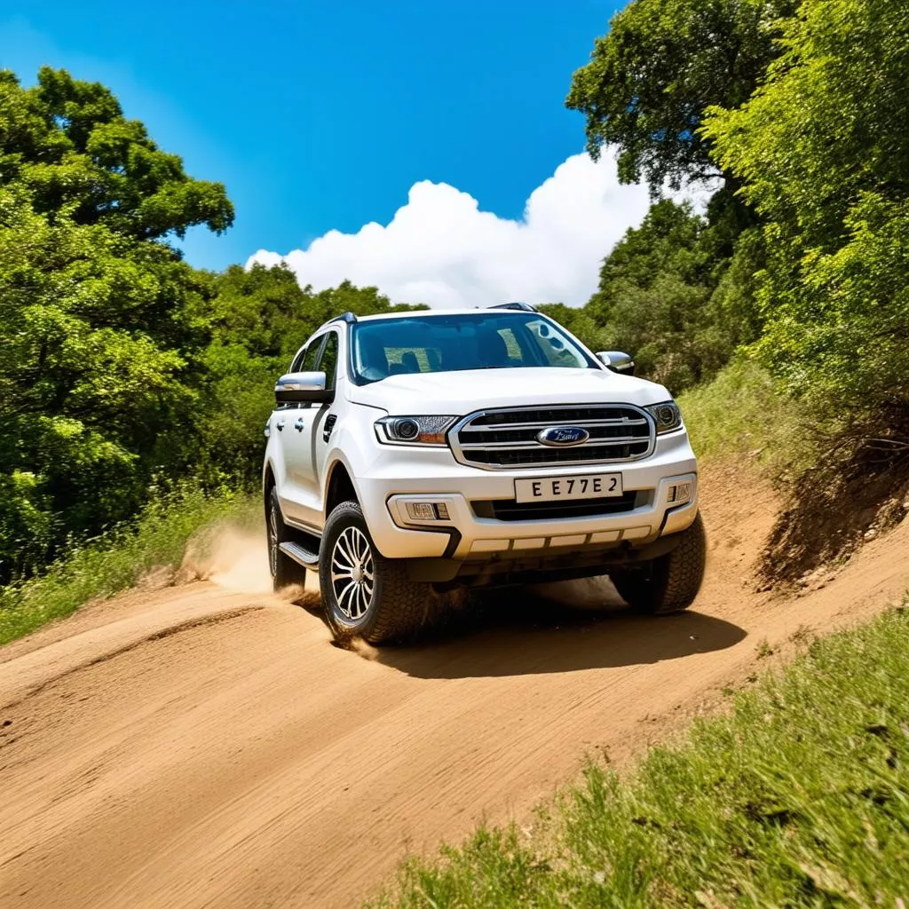 Ford Everest 2019 màu trắng đang đổ dốc