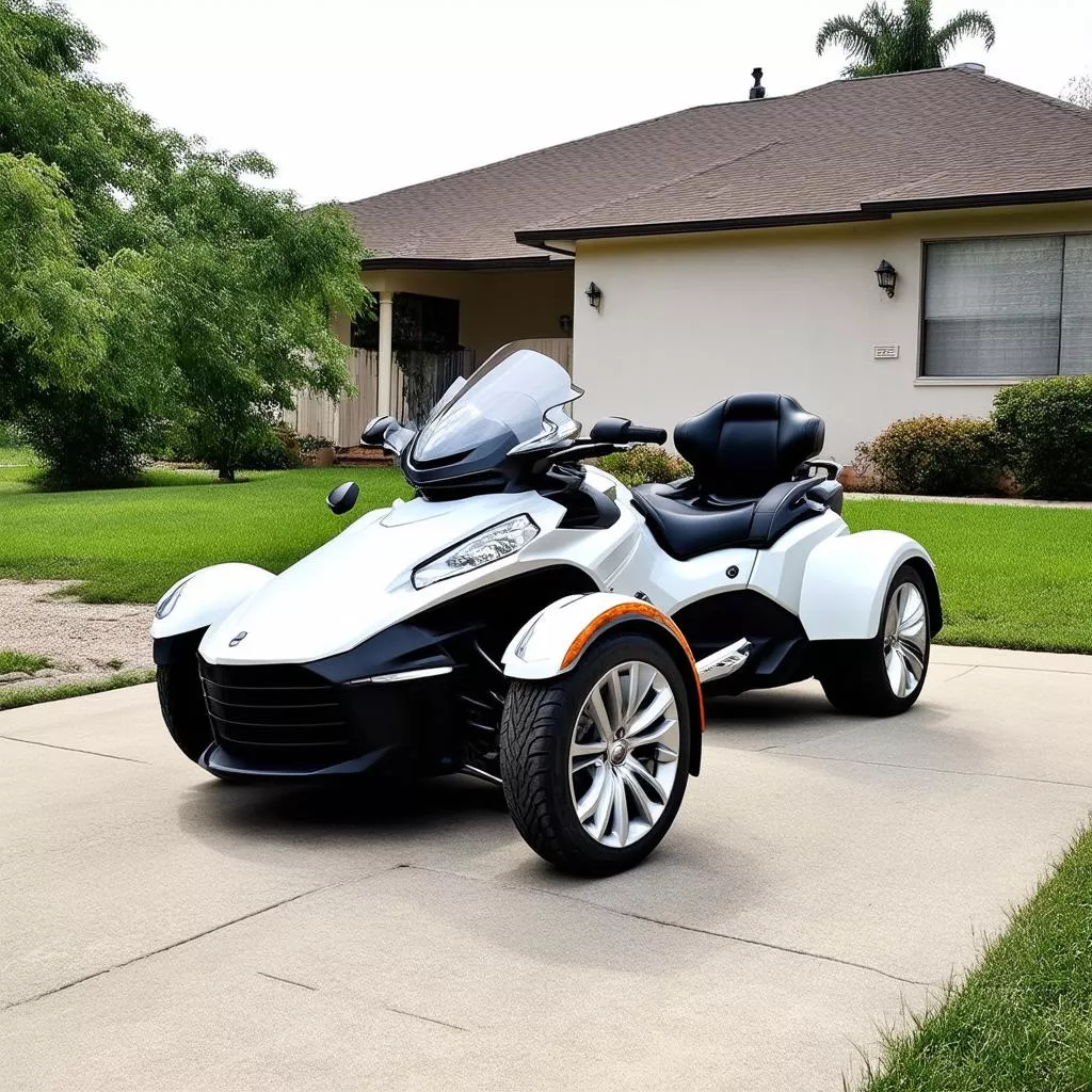 3-wheel motorized tricycle parked in front of a house