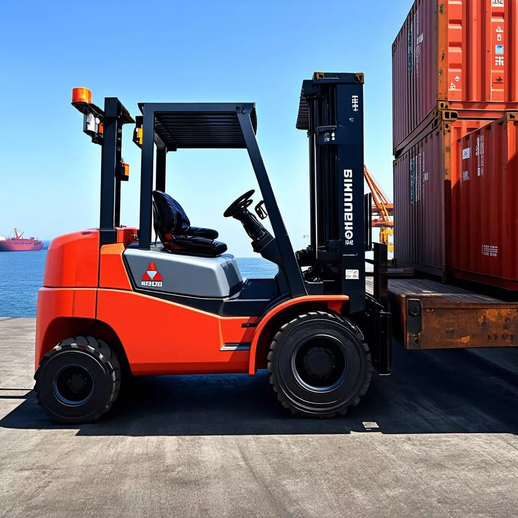 Xe nâng Mitsubishi 5 tấn vận chuyển container tại cảng biển