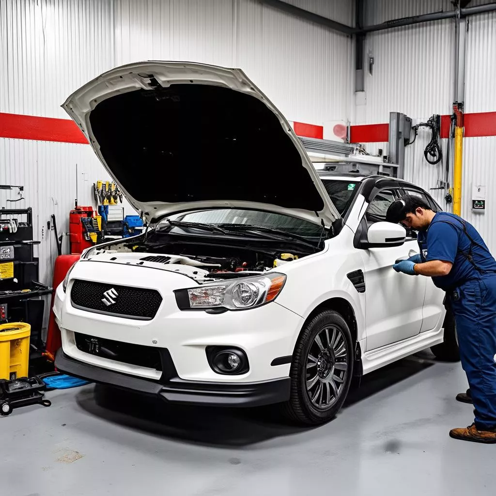 Suzuki car undergoing maintenance in a garage