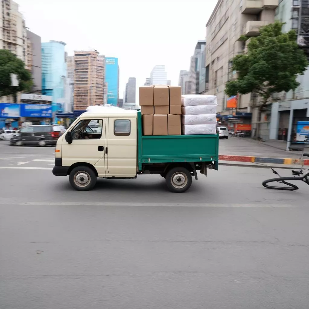 Xe phú van tải trọng nhẹ đang di chuyển trong thành phố