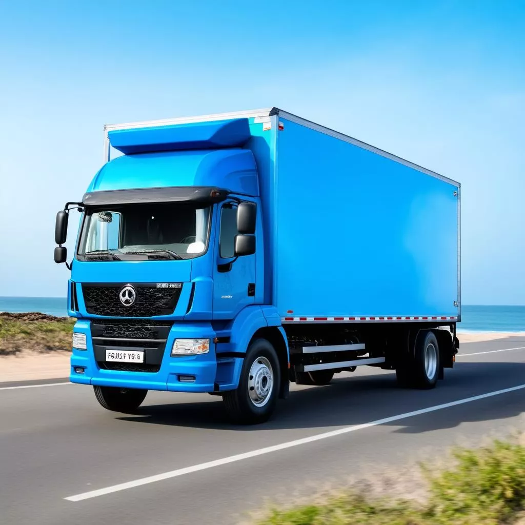 Xe tải 5 tấn màu xanh biển vận hành trên đường ven biển