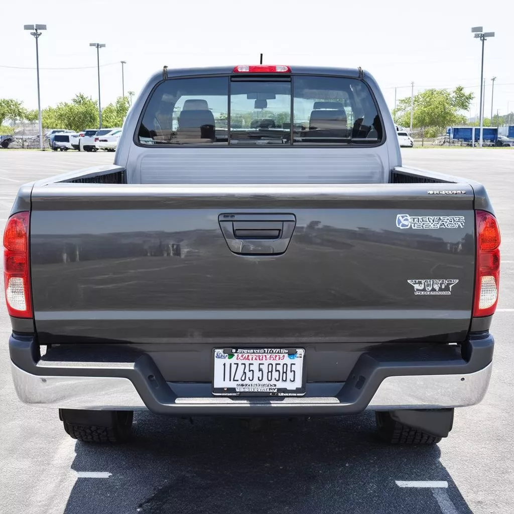 Trucks with auspicious license plates parked in a lot