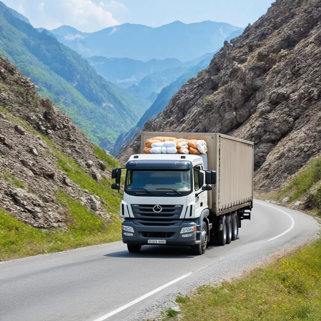 पहाड़ी सड़क पर चलता ट्रक