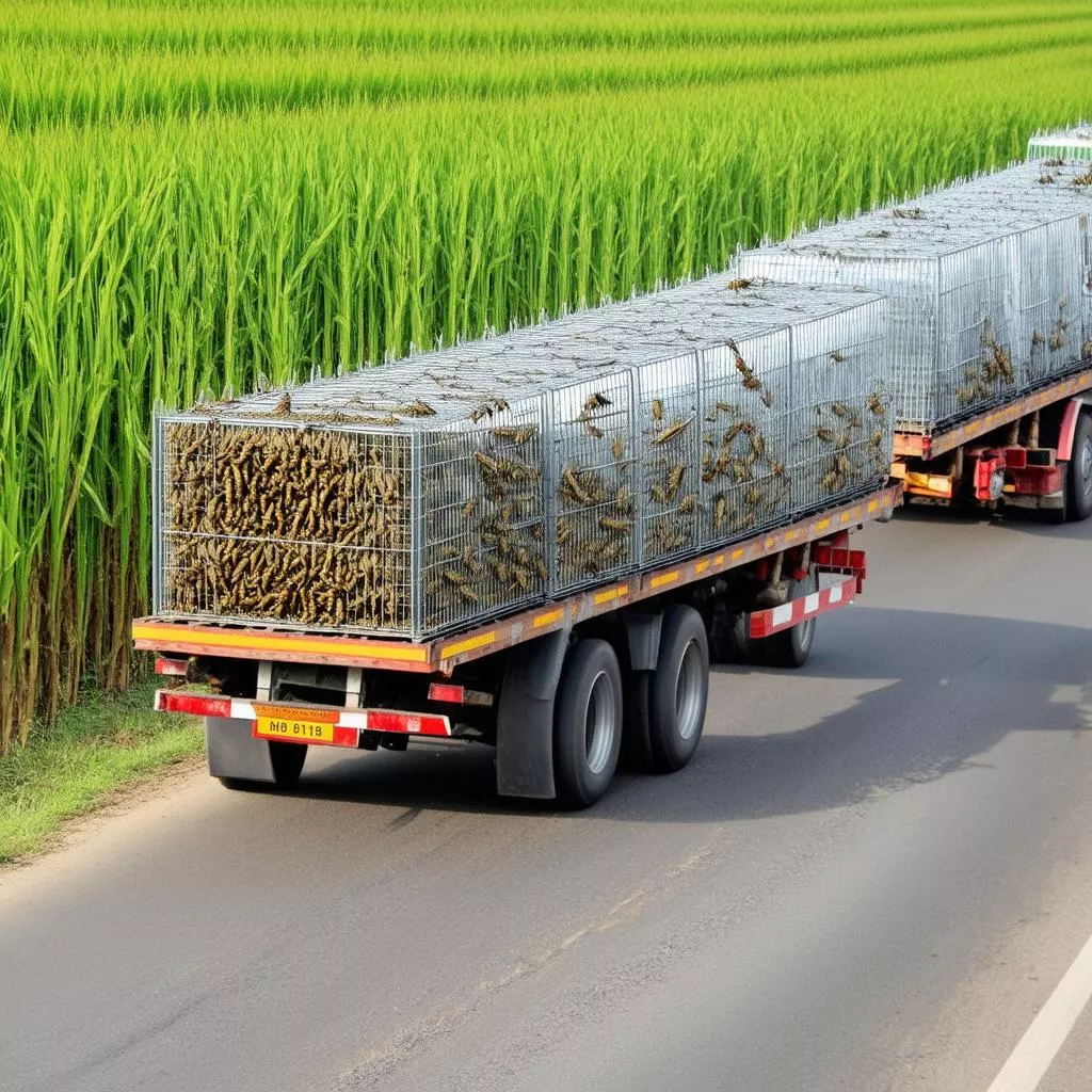 Xe tải chở châu chấu đi qua cánh đồng