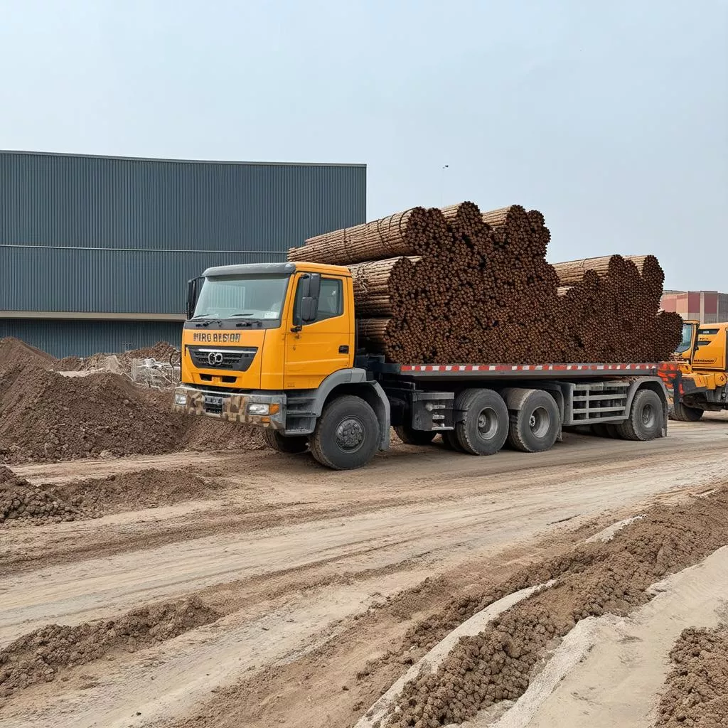 Xe tải chở cọc tại công trường