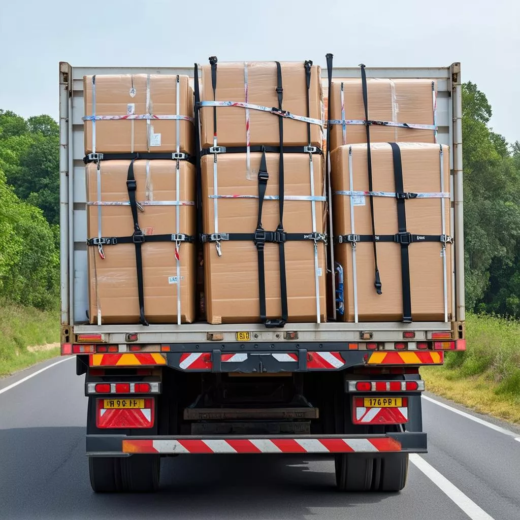 Xe tải chở hàng hóa được cố định bằng dây căng