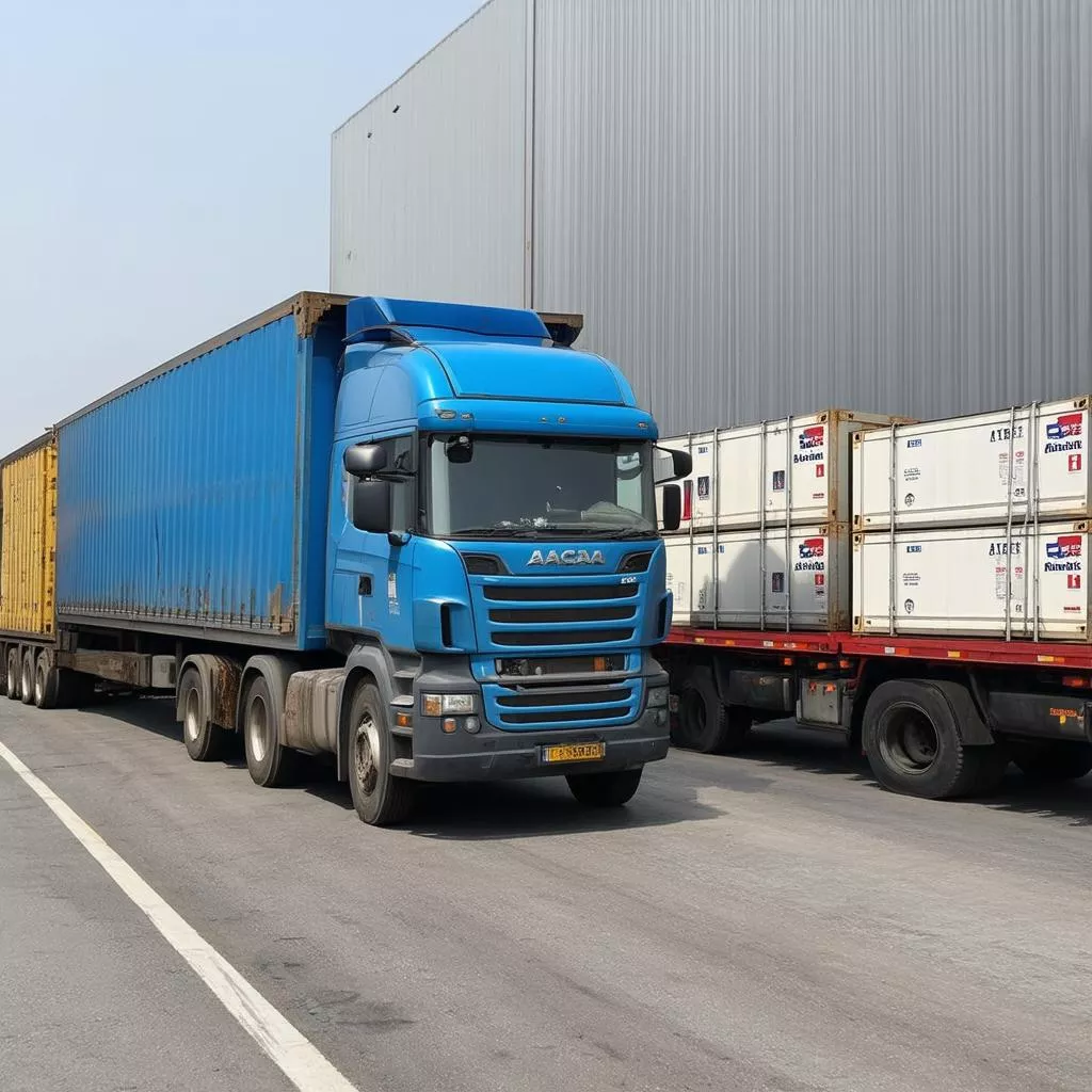 Xe tải đang bốc xếp hàng hóa tại bến xe